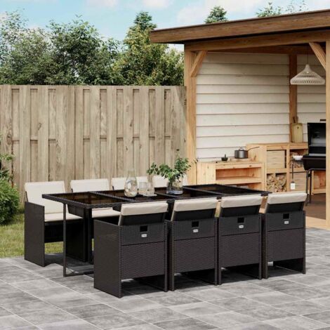 Gartenmöbel-Set 9-teilig mit Kissen Schwarz Geflochtene Rattan