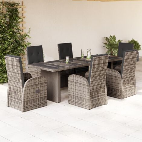 7-tlg. Garten-Essgruppe mit Kissen Grau Poly Rattan vidaXL