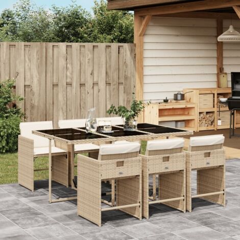Gartenmöbelset mit Kissen 7 Teile Beige Poly-Rattan