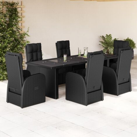 7-tlg. Garten-Essgruppe mit Kissen Schwarz Poly Rattan vidaXL