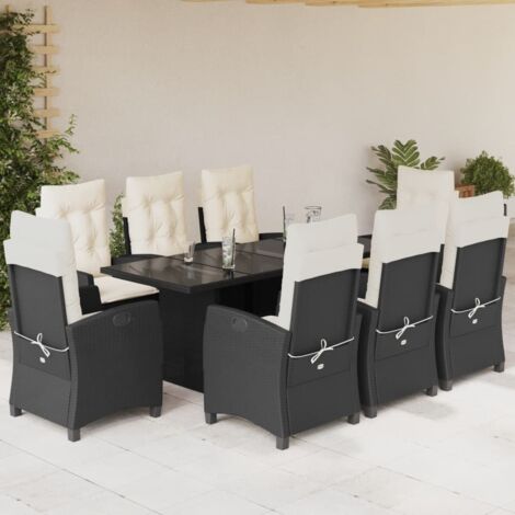 Garten Essgruppe 9 Teile mit schwarzen Kissen aus geflochtener Kunstharz