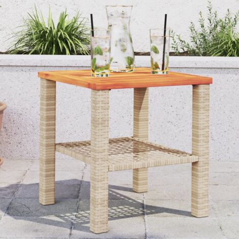 Beige Gartentisch 40x40x42 cm aus Geflecht und Akazienholz