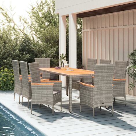 9-tlg. Garten-Essgruppe mit Kissen Grau Poly Rattan vidaXL