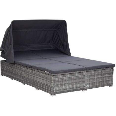 vidaXL 2-Sitzer Liegestuhl mit Kissen Geflochtene Rattan Grau