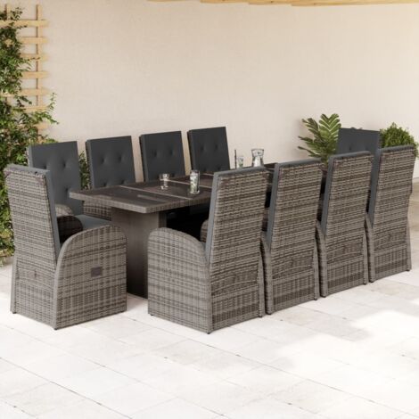 vidaXL Gartenmöbelset 11-teilig mit grauen Kissen aus Polyrattan