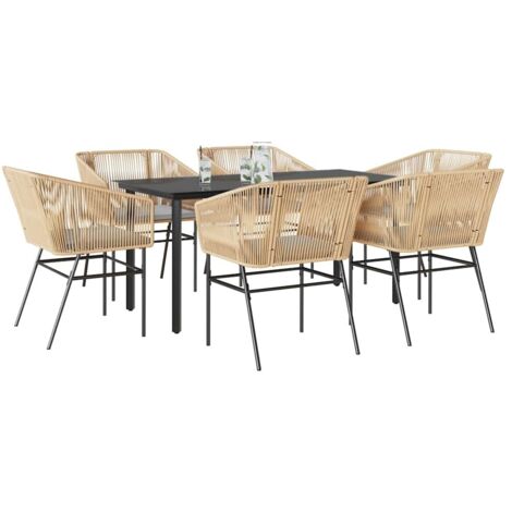 vidaXL 7-tlg. Garten-Essgruppe mit Kissen Braun Poly Rattan Glas