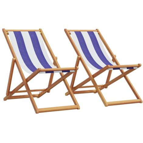 Strandstühle 2 Stk. Klappbar Blau Weiß Stoff und Massivholz vidaXL