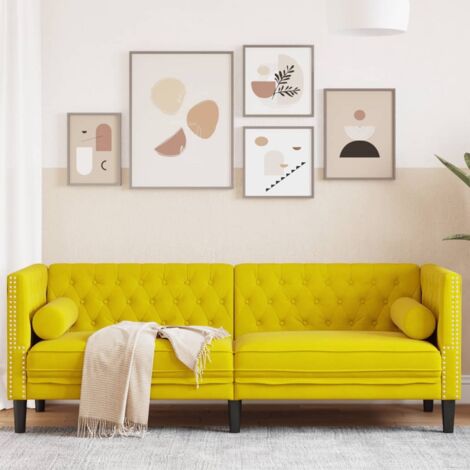 Chesterfield-Sofa mit Nackenrollen 3-Sitzer Gelb Samt vidaXL