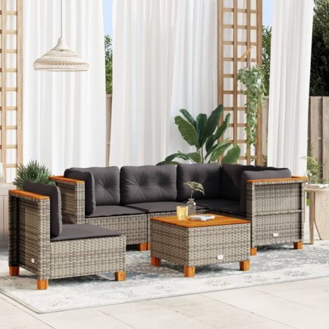 Gartenmöbelset 6-teilig mit grauen Kissen aus geflochtener Kunstoffrattan