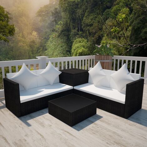 4-tlg. Garten-Lounge-Set mit Auflagen Poly Rattan Schwarz vidaXL