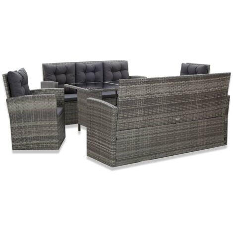 vidaXL Gartentischset 5 Teilig mit Kissen, Geflochtene Rattan Grau