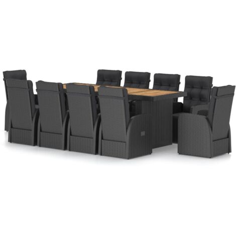 11-tlg. Garten-Essgruppe mit Kissen Poly Rattan Schwarz vidaXL