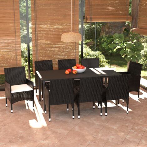 9-tlg. Garten-Essgruppe mit Kissen Poly Rattan Schwarz vidaXL (1/5)