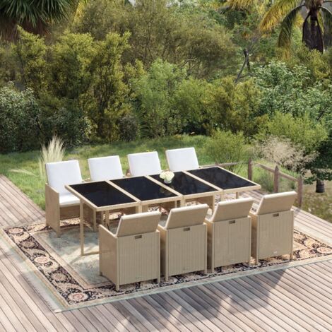 9-tlg. Garten-Essgruppe mit Kissen Poly Rattan Beige vidaXL