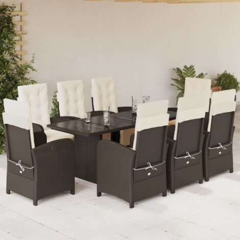 Essgruppe für den Garten mit Kissen 9 Teile braun Poly-Rattan