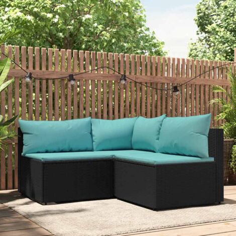 The Living Store 3-tlg. Garten-Lounge-Set mit Kissen Schwarz Poly Rattan - Gartenloungeset - Outdoor Möbel - Rattan Gartenmöbel - Gartenmöbel Schwarz - Loungemöbel