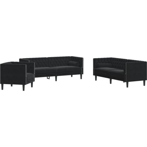 3-tlg. Chesterfield-Sofa-Set mit Nackenrollen Schwarz Samt vidaXL