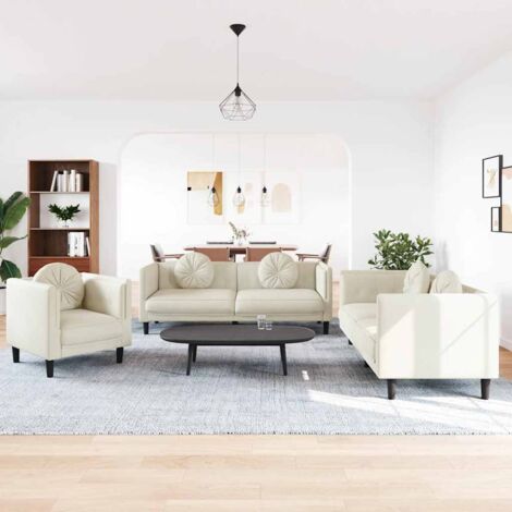 3-tlg. Sofagarnitur mit Kissen Creme Samt vidaXL