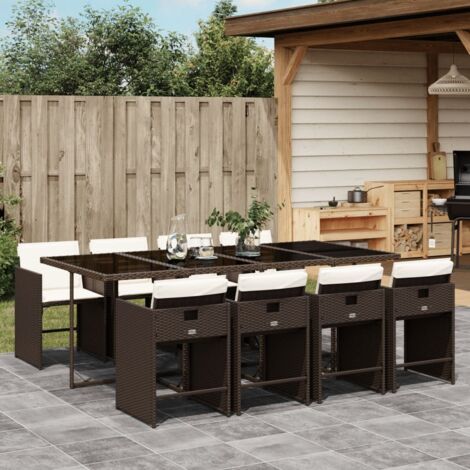Essbereich Gartenmöbel Set mit Kissen 9-teilig braun Poly-Rattan