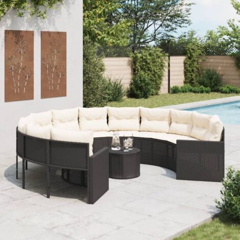 Runder Gartensofa mit Tisch und Kissen, schwarz, geflochtene Kunstfaser