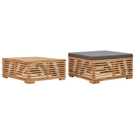 Gartentisch und Fußhocker Set mit Dunkelgrauem Kissen Teakholz vidaXL (1/5)