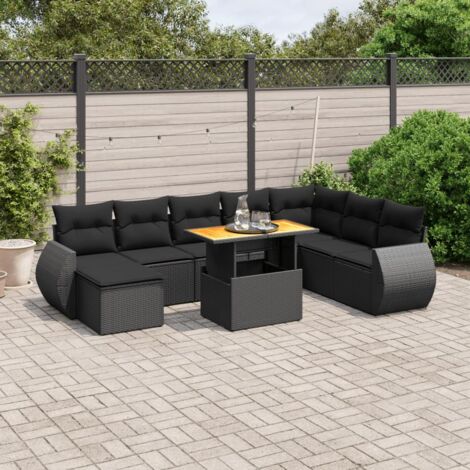 9-teiliges Gartenmöbelset mit Kissen Schwarz Rattan