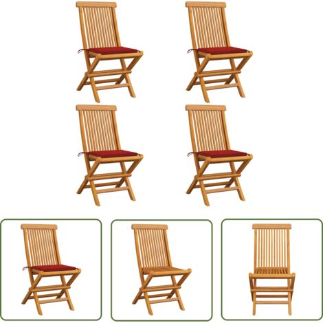 The Living Store Gartenstühle mit Roten Kissen 4 Stk. Teak Massivholz - Gartensessel - Gartenmöbel - Teak Gartenstuhl - Holzsessel - Outdoor Sessel (1/5)