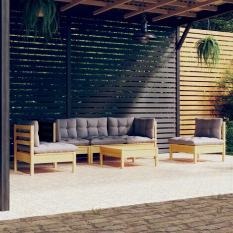 6-tlg. Garten-Lounge-Set mit Grauen Kissen Kiefer Massivholz - Gartensessel - Lounge Set - Gartenmöbeln - Outdoor Möbel - Rattan Sessel (1/5)