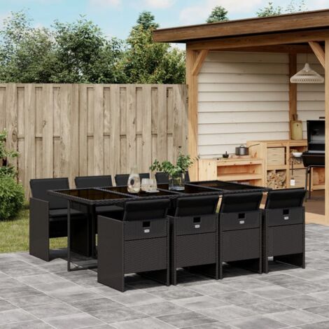 vidaXL Garten-Essgruppe 9-teilig mit schwarzen Kissen aus Geflecht