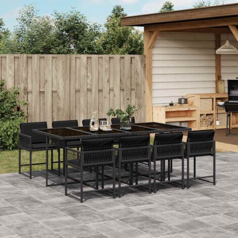 9-teiliges Garten-Essen-Set mit Kissen in Schwarz aus Geflecht