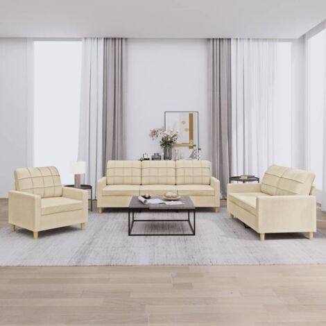 vidaXL 3-teiliges Sofa-Set mit Kissen Creme Stoff