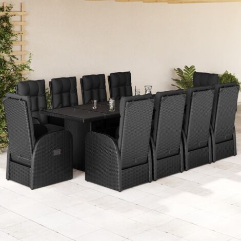 11-tlg. Garten-Essgruppe mit Kissen Schwarz Poly Rattan vidaXL