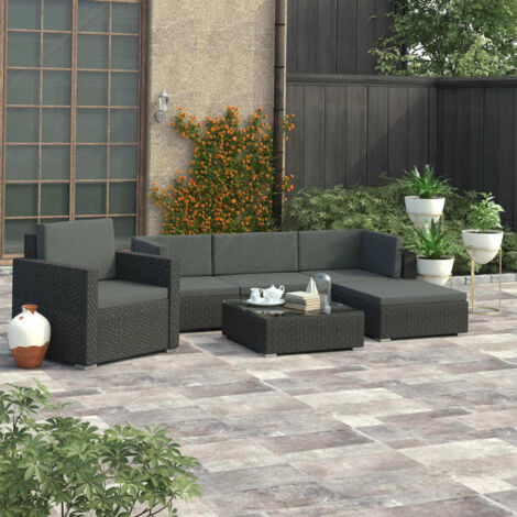vidaXL 6-tlg. Garten-Lounge-Set mit Auflagen Poly Rattan Schwarz (1/5)