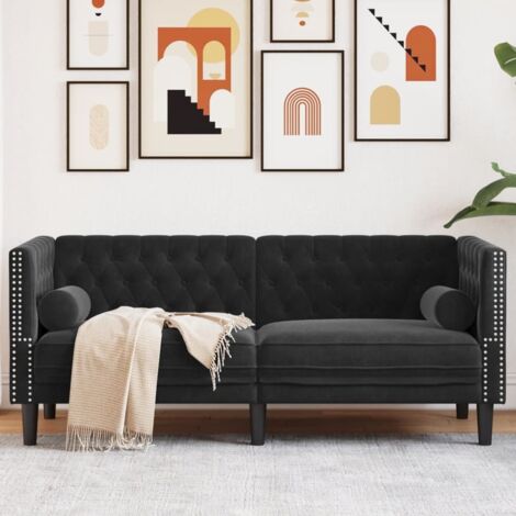 Chesterfield-Sofa mit Nackenrollen 2-Sitzer Schwarz Samt vidaXL