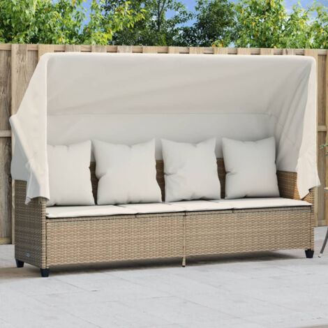 vidaXL Liegestuhl mit Dach und Kissen beige Rattan