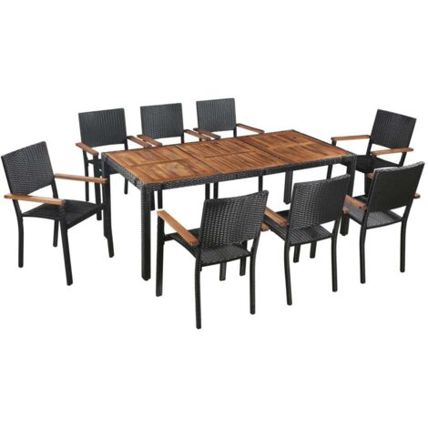 9-tlg. Garten-Essgruppe Poly Rattan Akazie Massivholz Schwarz vidaXL