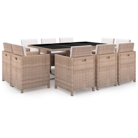 Gartenmöbelset mit Kissen 11 Teile Geflochtene Rattan Beige