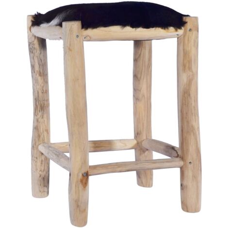 Barhocker aus echtem Ziegenleder und massivem Teakholz