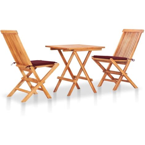 3-tlg. Bistroset mit Weinroten Kissen Massivholz Teak vidaXL