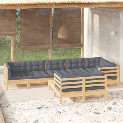 9-tlg. Garten-Lounge-Set mit Grauen Kissen Kiefer Massivholz - Garten Lounge Set - Kiefernholzmöbel - Outdoor Möbel - Gartengeräte - Loungemöbel (1/5)