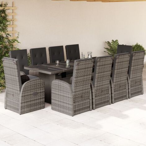 Gartenmöbelset 11-teilig mit grauen Polyrattan-Kissen