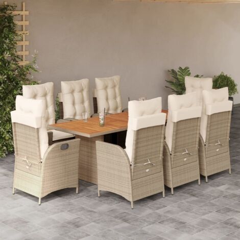 Gartenmöbel-Set mit 9 Teilen und Kissen in Beige Poly-Rattan