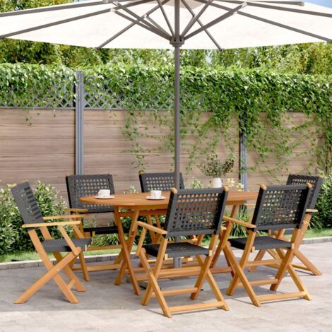 Garten Essgruppe 7-teilig schwarz Rattan und Massivholz