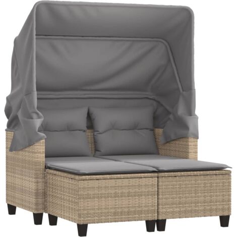 vidaXL Gartensofa 2-Sitzer mit Dach und Hockern Beige Poly Rattan