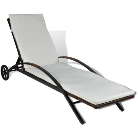 vidaXL Liegestuhl mit Kissen und Rollen Geflochtene Rattan Braun