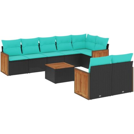 9-teiliges Gartensofa-Set mit Kissen, schwarzes Polyrattan vidaXL (1/5)