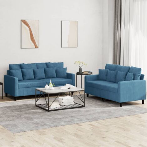 2-tlg. Sofagarnitur mit Kissen Blau Samt vidaXL