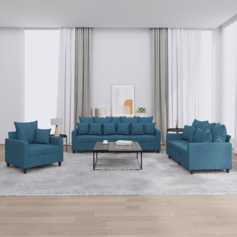 3-tlg. Sofagarnitur mit Kissen Blau Samt vidaXL