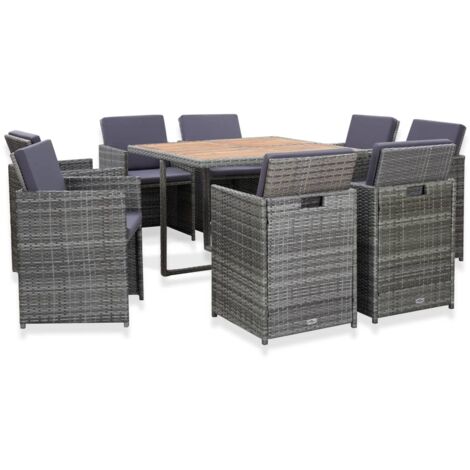 9-tlg. Garten-Essgruppe mit Auflagen Poly Rattan Anthrazit vidaXL