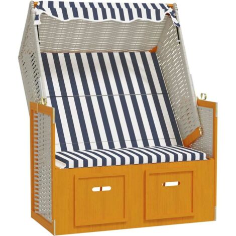 Strandkorb mit Dach Poly Rattan & Massivholz Weiß & Blau vidaXL